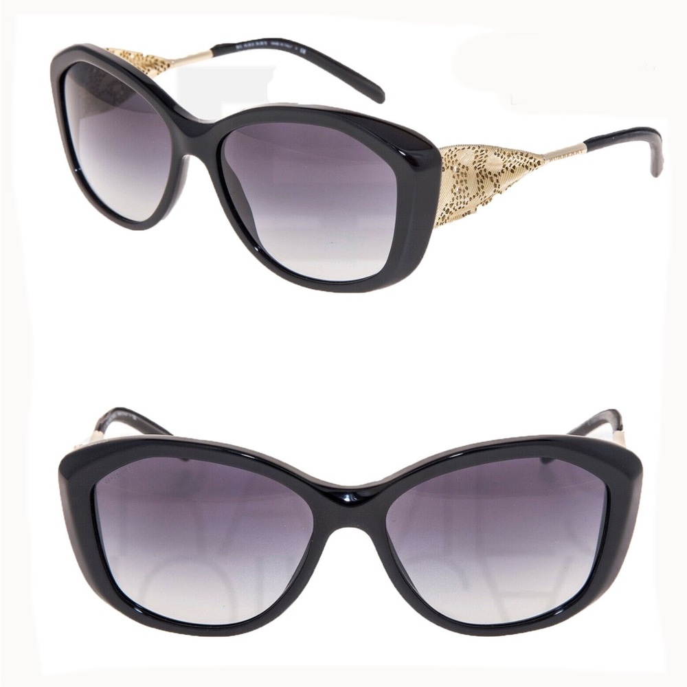 Brand New Burberry Black Gabardine Lace Gold Leather Gradient Sunglasses